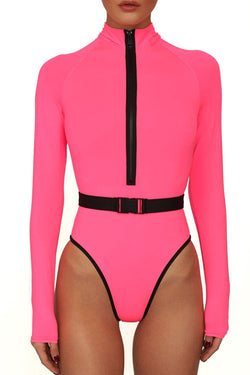 Belted High Cut Long Sleeve Zippered Rash Guard One Piece Swimsuit