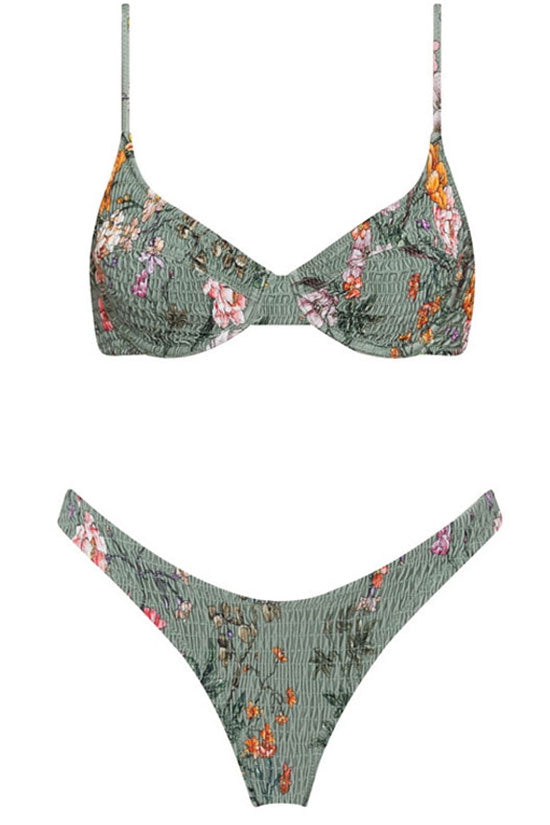 Boho Chic Floral Print Shirred Underwire Bikini Two Piece Swimsuit