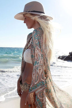 Boho Floral Pattern Open Front Chiffon Maxi Cover Up