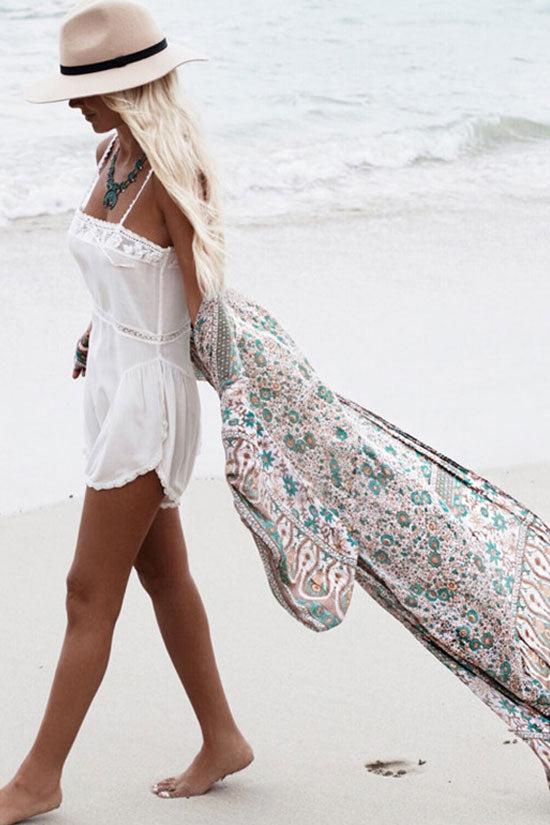 Boho Floral Pattern Open Front Chiffon Maxi Cover Up