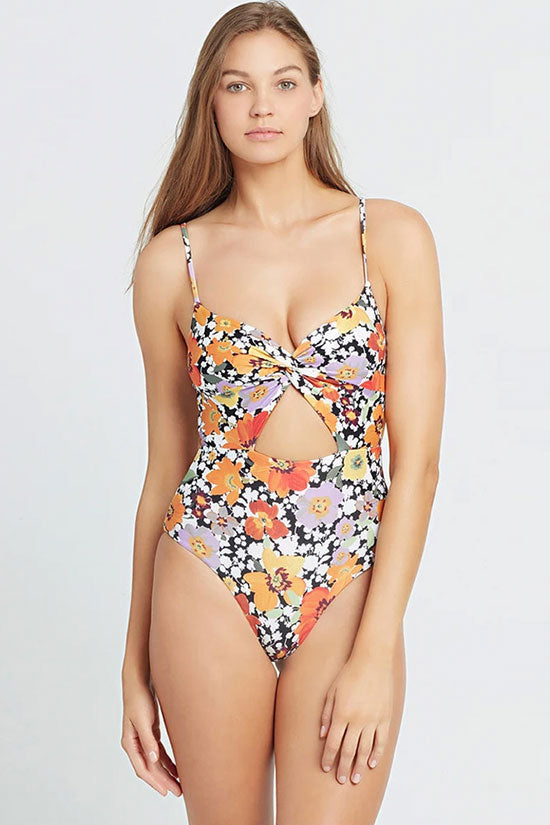 Boho Floral Printed Cutout Twist Front Deep V One Piece Swimsuit