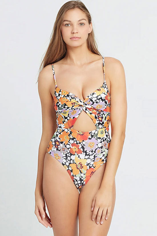 Botanical Print Deep V Tie Waist One-Piece Swimsuit