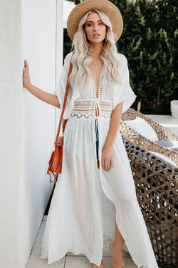 Boho Open Front Tie Strings Lace Long Coverup
