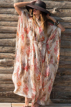 Boho Printed Batwing Sleeve Side Slit Chiffon Maxi Cover Up
