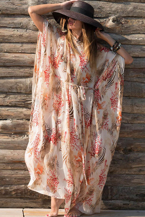 Boho Printed Batwing Sleeve Side Slit Chiffon Maxi Cover Up