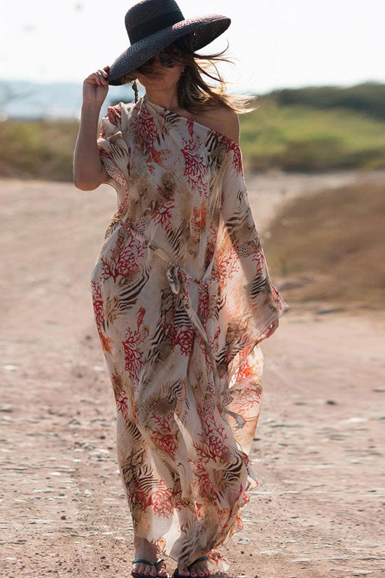 Boho Printed Batwing Sleeve Side Slit Chiffon Maxi Cover Up