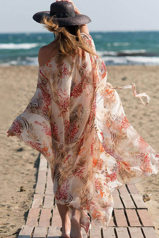 Boho Printed Batwing Sleeve Side Slit Chiffon Maxi Cover Up