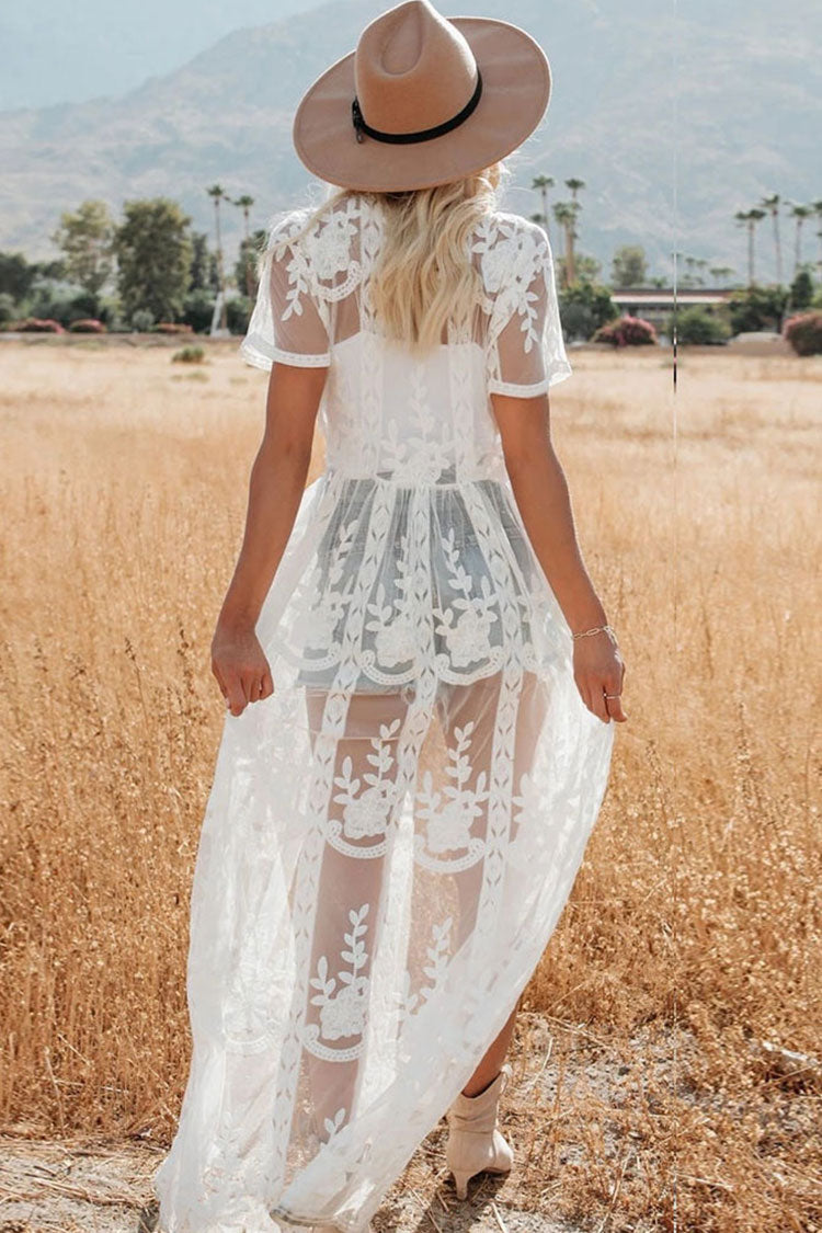 Boho Sheer Lace Open Front Tie Strings Long Coverup