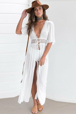 Boho Style Crocheting Detail Open Front Maxi Cover Up