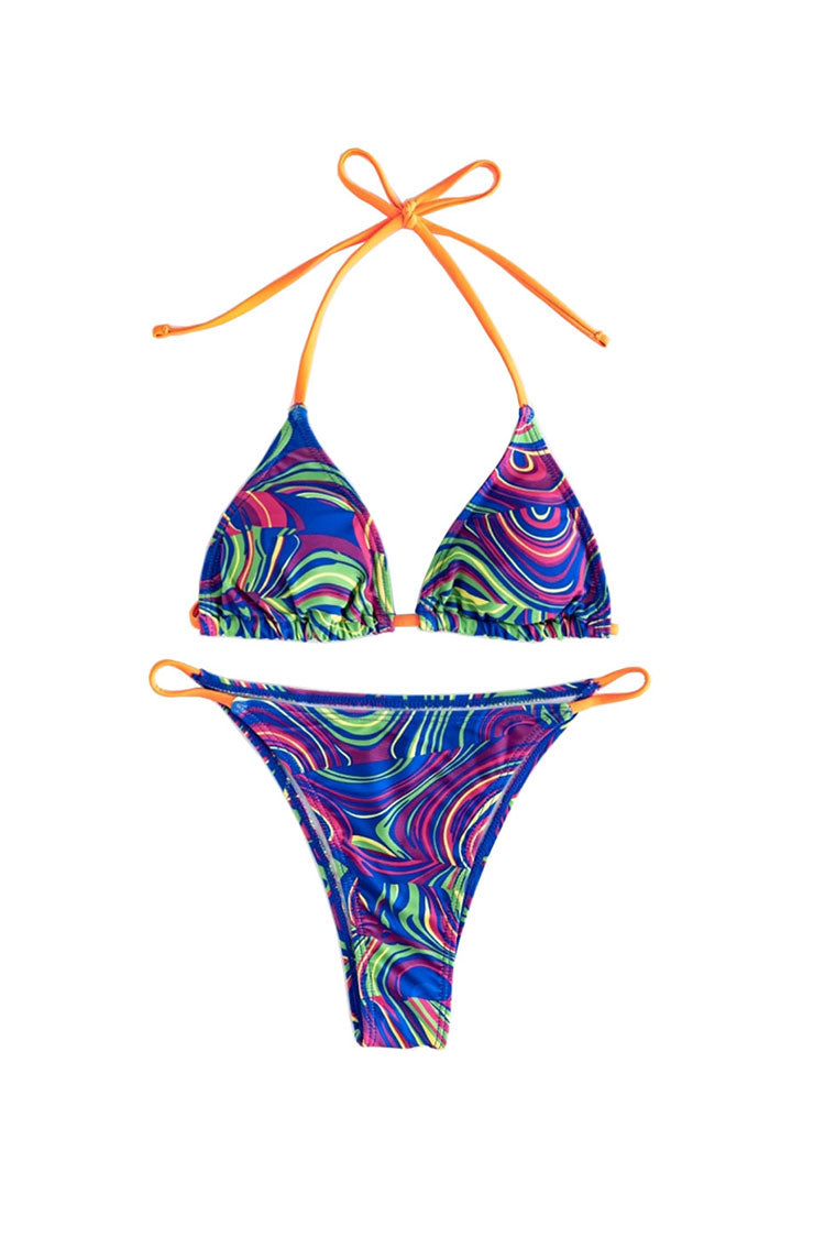Boho Style Waved Stripe Cover Up String Thong Bikini Three Piece Swimsuit