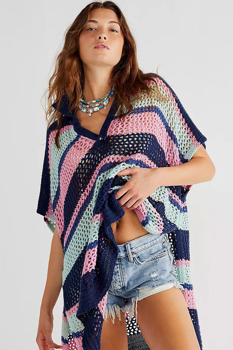 Bright Striped Printed Side Slit Collared V Neck Crochet Cover Up