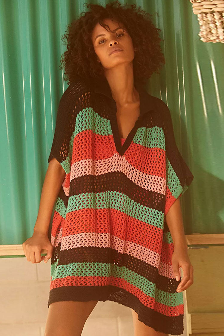 Bright Striped Printed Side Slit Collared V Neck Crochet Cover Up