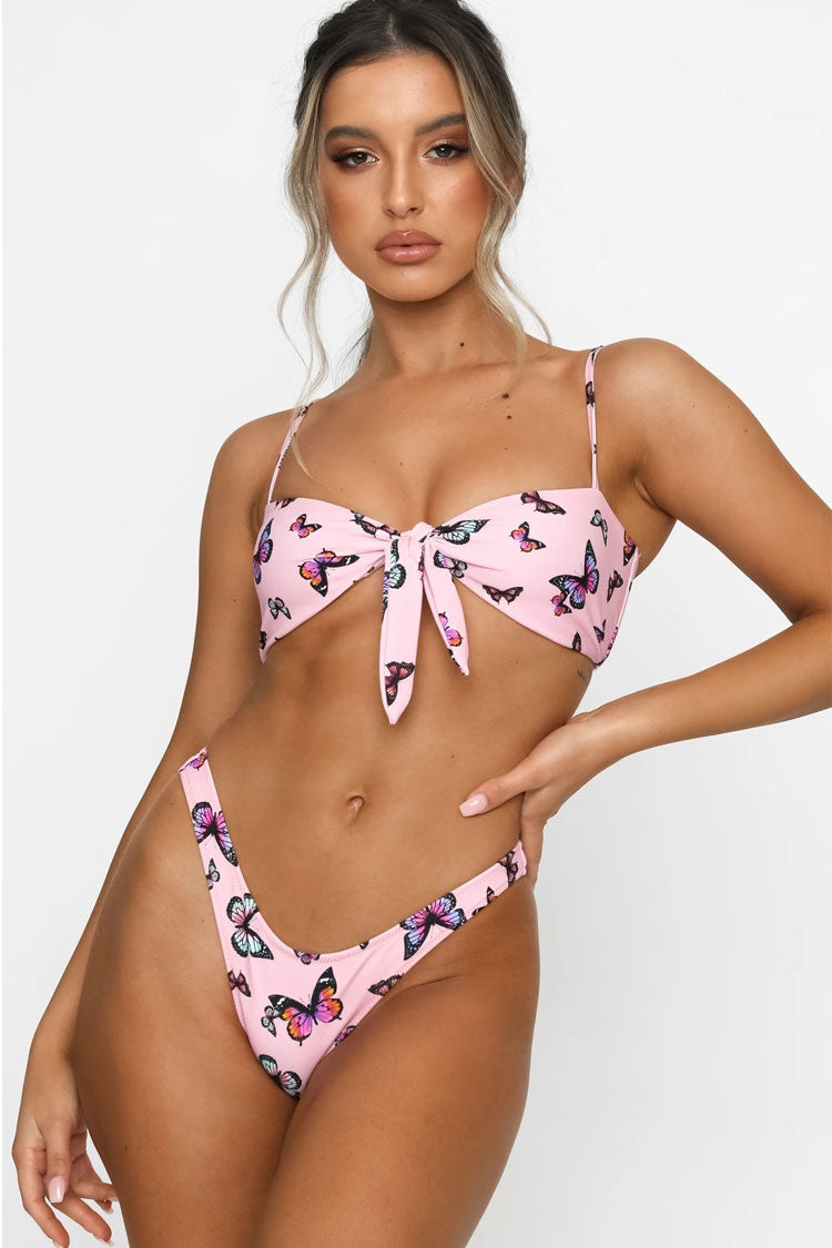 Butterfly Print High Cut Tie Front Bandeau Bikini Two Piece Swimsuit