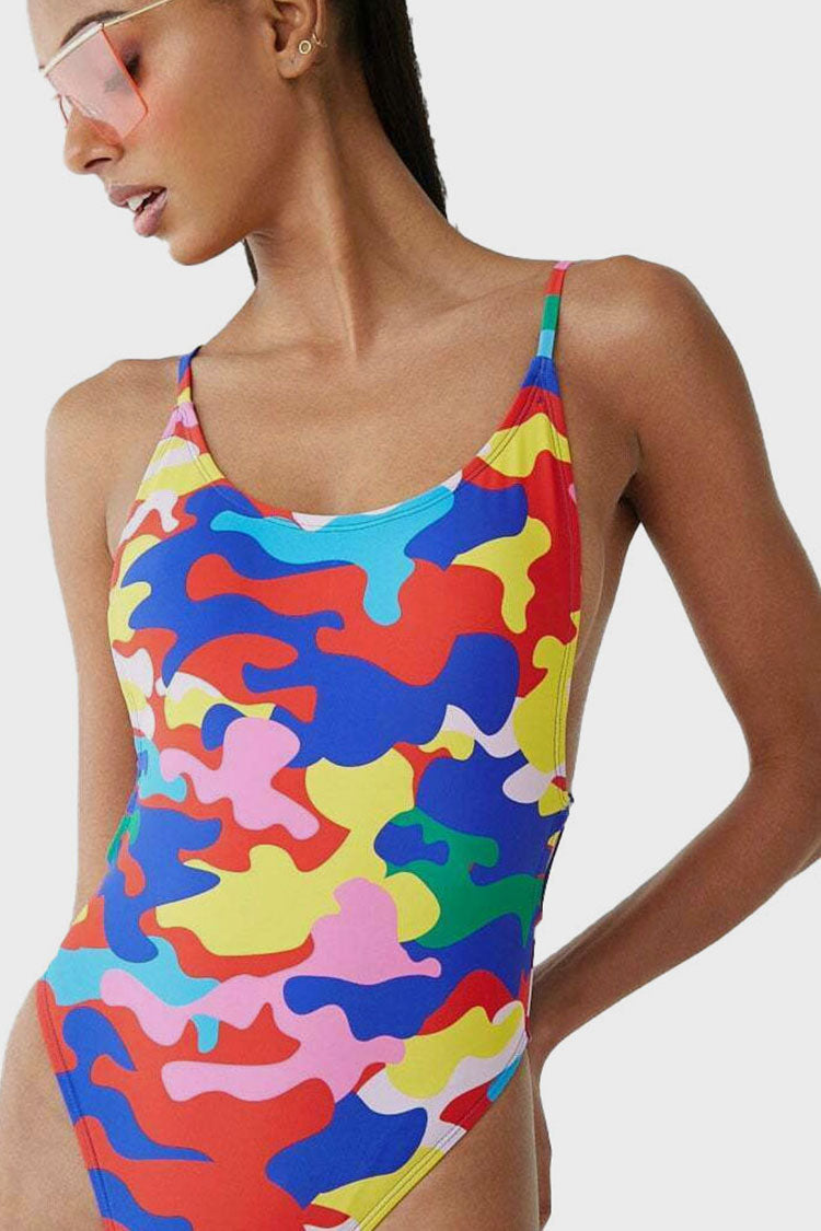 Camo Print High Cut Cutout Side Scoop Neck One Piece Swimsuit