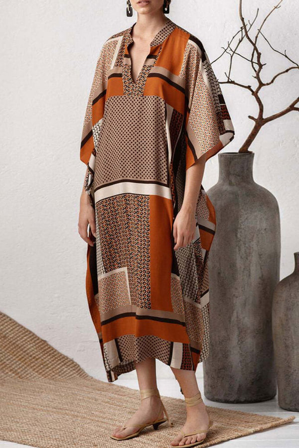 Casual Geometric Printed Sleeved Maxi Caftan Cover Up Dress