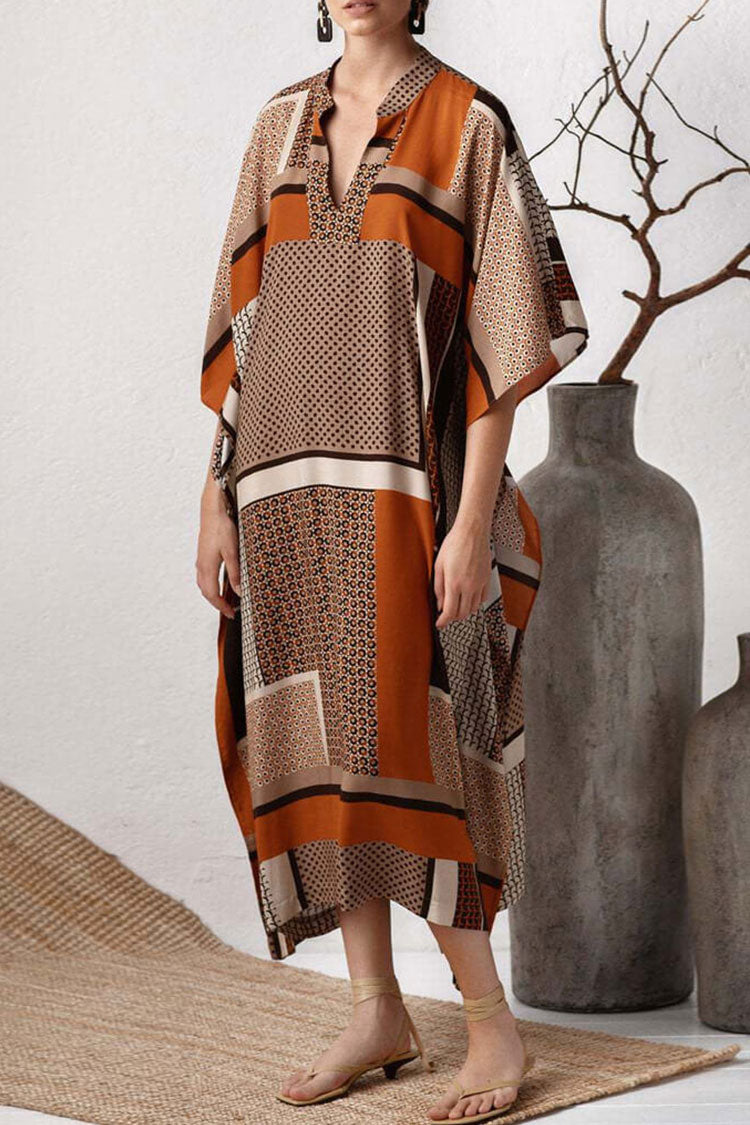 Casual Geometric Printed Sleeved Maxi Caftan Cover Up Dress