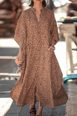 Casual Leopard High Neck Button Down Maxi Cover Up Dress