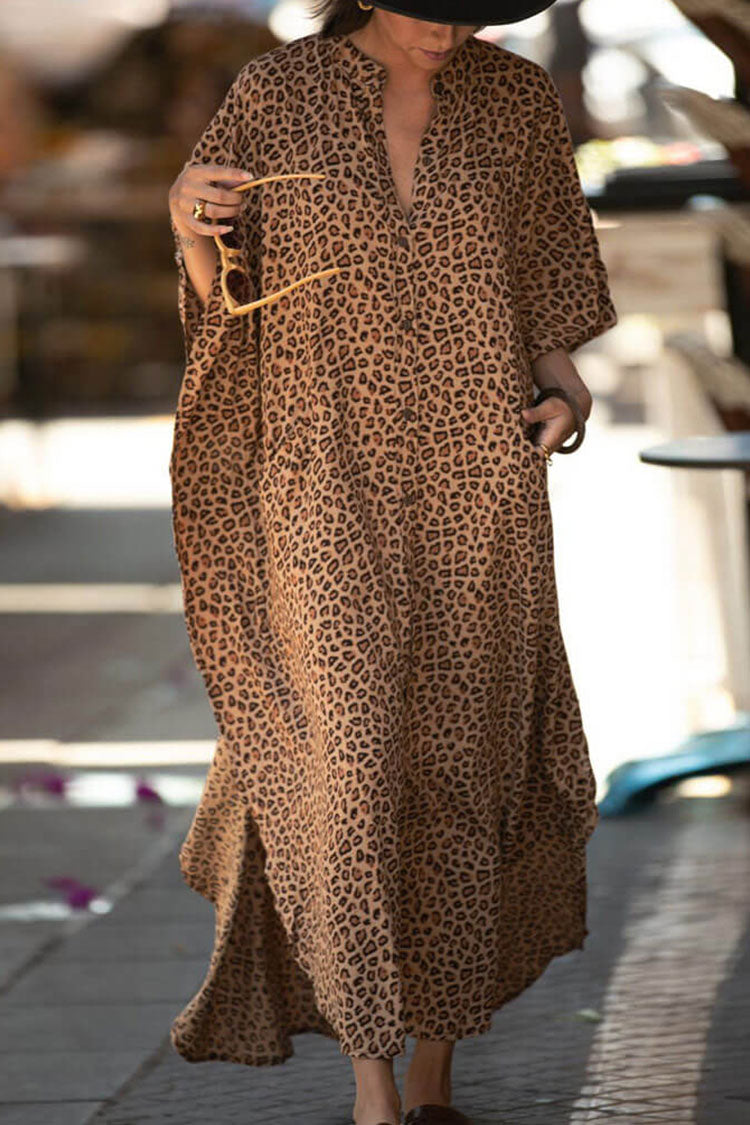 Casual Leopard High Neck Button Down Maxi Cover Up Dress