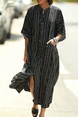 Casual Striped High Neck Button Down Maxi Cover Up Dress