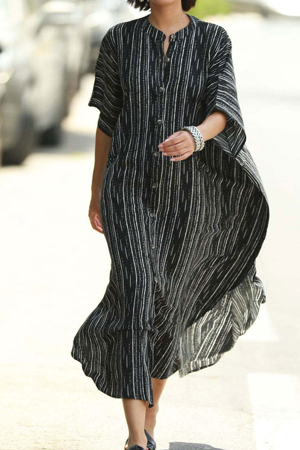 Casual Striped High Neck Button Down Maxi Cover Up Dress