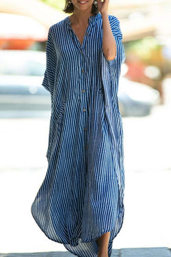 Casual Striped High Neck Button Down Maxi Cover Up Dress