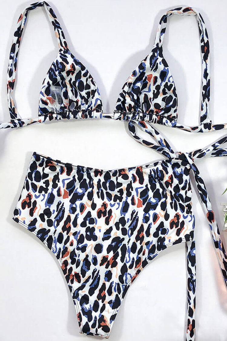 Cinch Side High Waist Cheetah Print Slide Triangle Bikini Two Piece Swimsuit