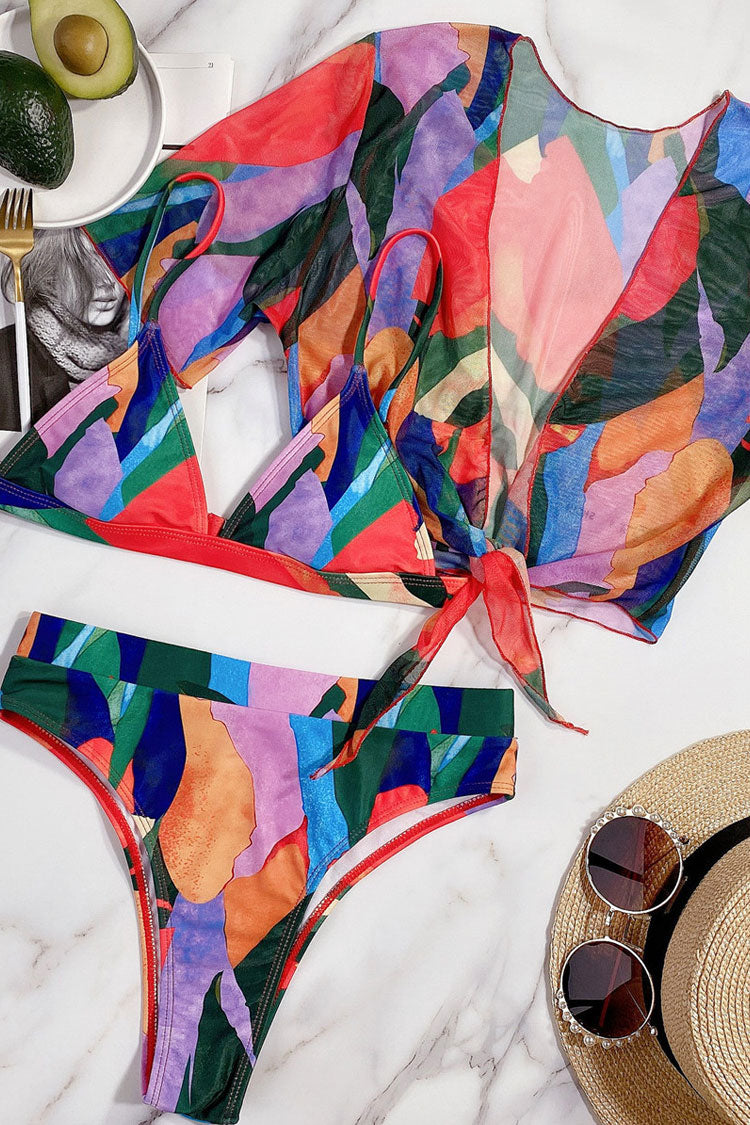 Colorful Geometric Cover Up High Cut Triangle Bikini Three Piece Swimsuit