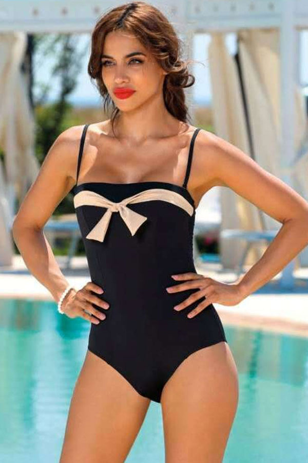 Contrast Color Tie Front Square Neck Bandeau One Piece Swimsuit