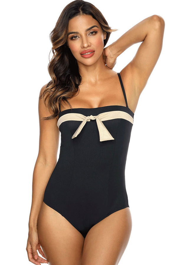 Contrast Color Tie Front Square Neck Bandeau One Piece Swimsuit