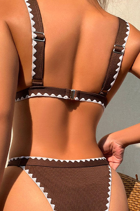 Contrast Crochet Trim High Cut Triangle Bikini Two Piece Swimsuit