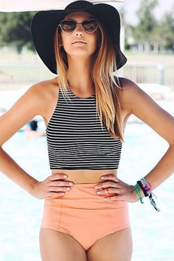 Striped Lace Up Back High Neck Crop Bikini Two Piece Swimsuit