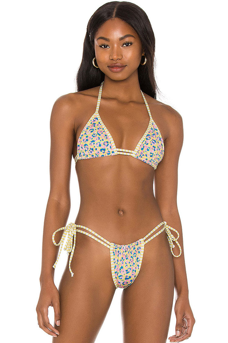 Ditsy Floral Striped Slide Triangle Tie String Bikini Two Piece Swimsuit