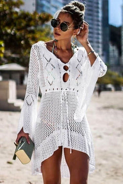 Flare Sleeve Open Knit Crocheting Coverup Dress