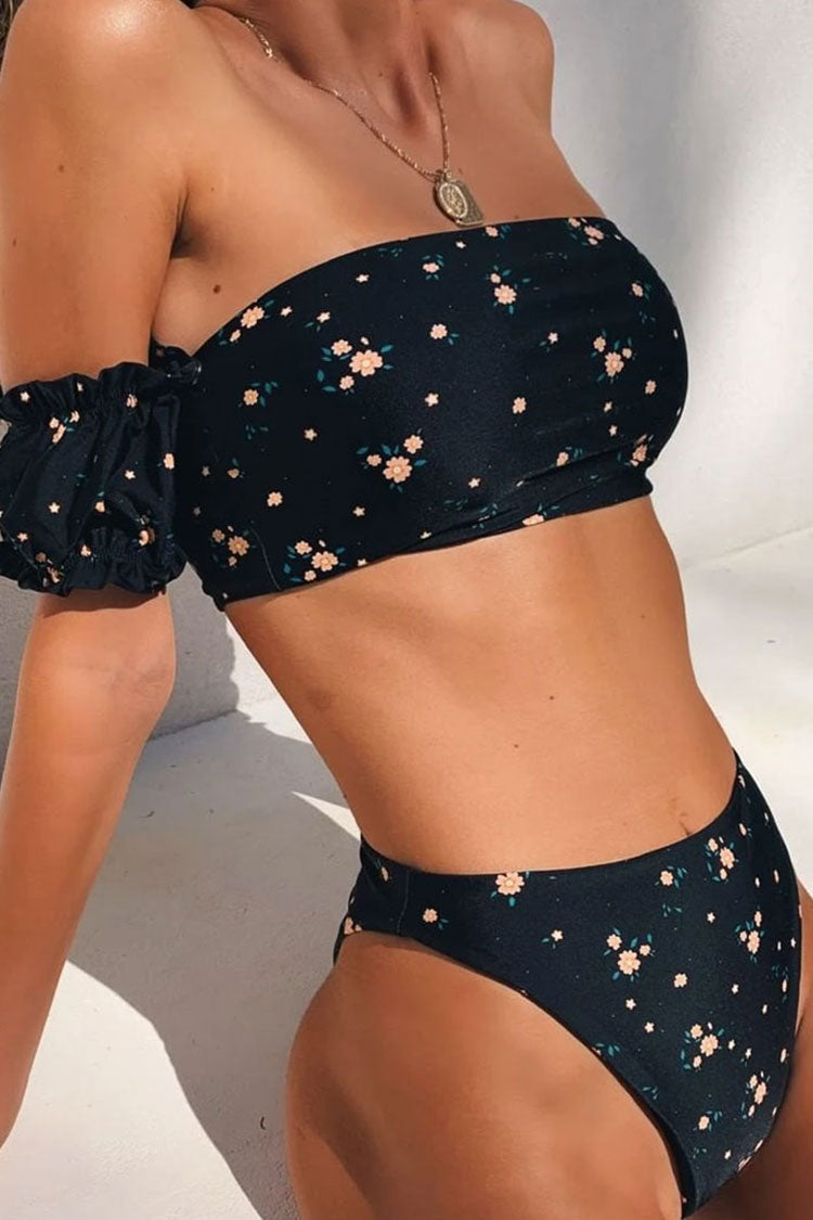 Floral High Cut Off Shoulder Bandeau Bikini Two Piece Swimsuit