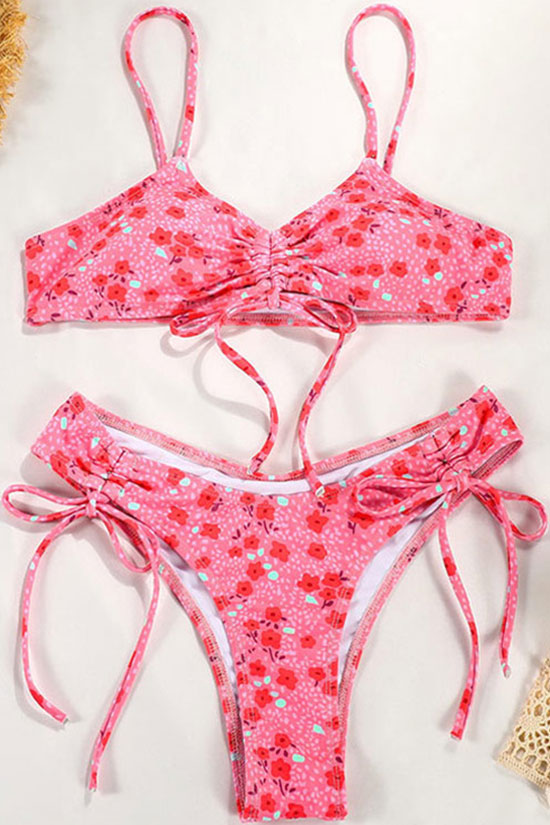 Floral Printed Tie String Ruched Bralette Bikini Two Piece Swimsuit