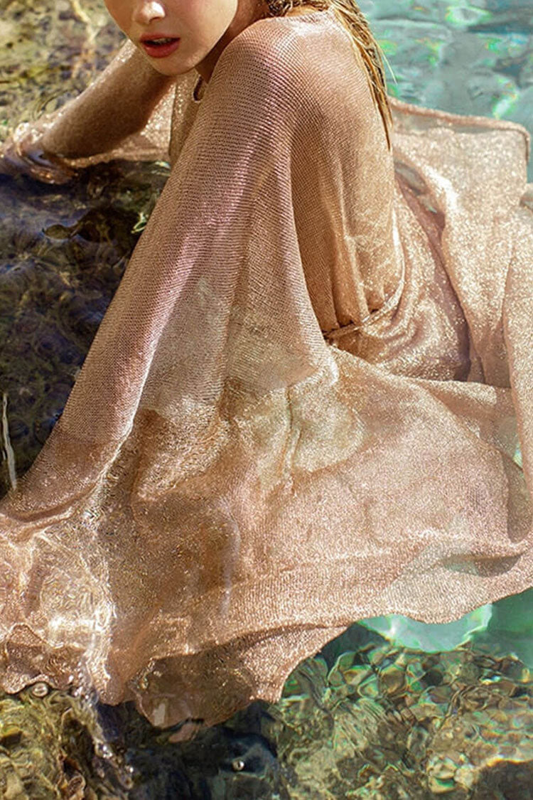 Glitter High Slit Batwing Sleeve Sheer Mesh Cover Up