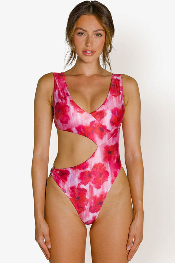 High Cut V Neck Cutout One Piece Swimsuit
