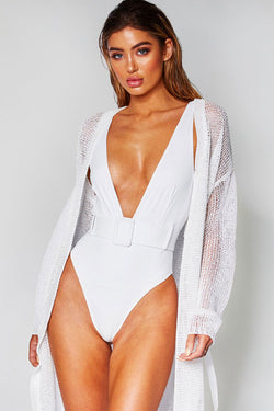 High Leg Deep V Buckle Belted One Piece Swimsuit