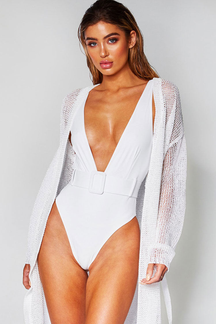 High Leg Deep V Buckle Belted One Piece Swimsuit