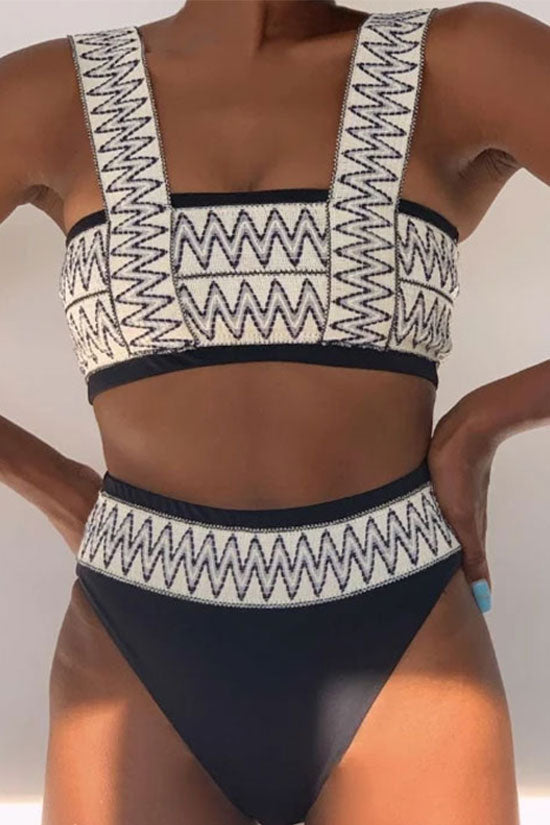 High Waist Zigzag Banded Bandeau Bikini Two Piece Swimsuit