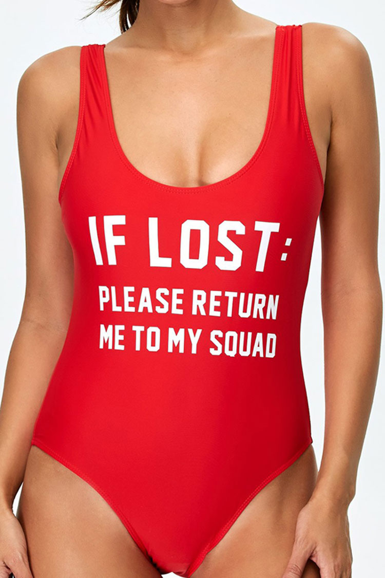IF LOST Slogan Printed High Cut Low Back One Piece Swimsuit