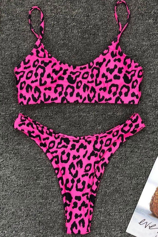 Leopard Printed High Cut Bralette Bikini Two Piece Swimsuit