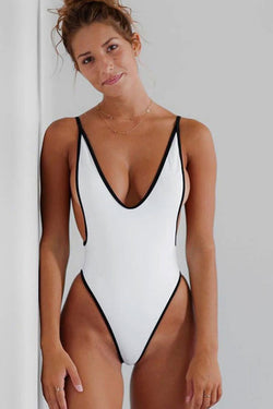 Low Back High Cut Thong Plunging V One Piece Swimsuit