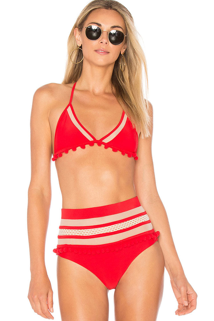Mesh Panel High Waist Pompon Trim Triangle Bikini Two Piece Swimsuit