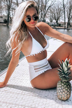 Mesh Panel High Waist Pompon Trim Triangle Bikini Two Piece Swimsuit