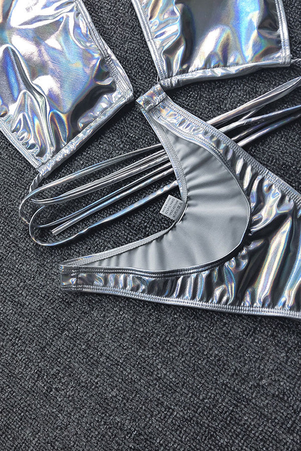 Metallic High Cut Crossed Wrap Bikini Two Piece Swimsuit