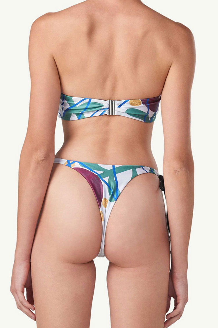 Multicolor Print Tie String Cutout Bandeau Thong Bikini Two Piece Swimsuit