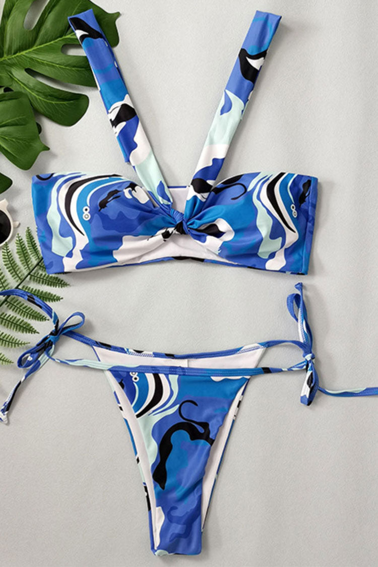 Multicolor Printed Tie String Halter Bandeau Bikini Two Piece Swimsuit
