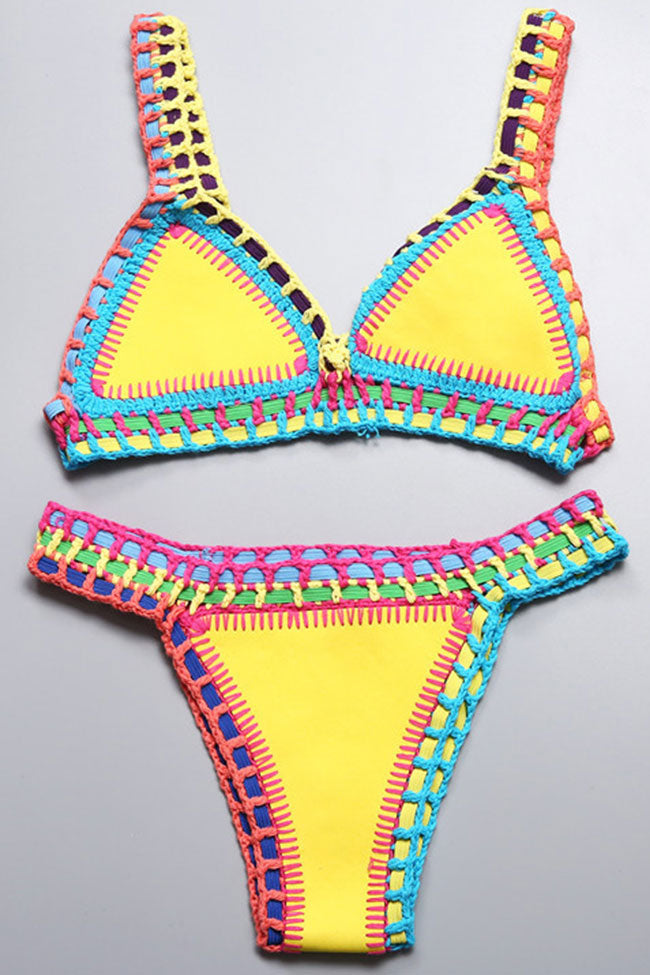 Neoprene Colorful Crochet Triangle Bikini Two Piece Swimsuit