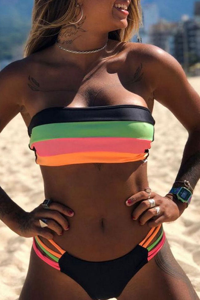 Raibow Strappy Color Block Striped Thong Bandeau Bikini Two Piece Swimsuit